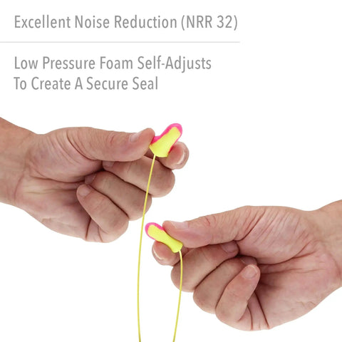 Hands holding Laser Lite High Visibility Corded Disposable Foam Earplugs 100 Pairs Pink And Yellow For Distinctive Visual Safety NRR 32