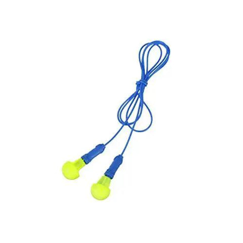 Comfortable Foam Push In Earplugs With Corded Design, 28 dB Noise Reduction Rating, shown with blue neck cord for industrial use.