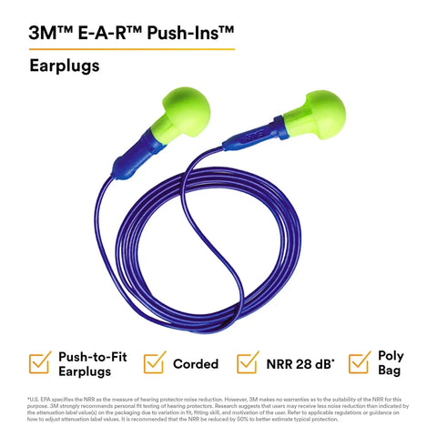 Comfortable Foam Push In Earplugs With Corded Design, 28 dB Noise Reduction Rating, lime green foam earplugs with blue cord
