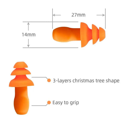 Diagram of orange ear plugs showing dimensions and features, part of 10 Pair Corded Reusable Ear Plugs For Shooting Range And Gun Range Hearing Protection