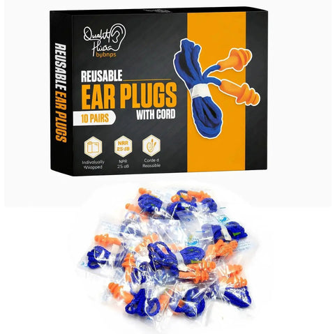 Box and individually wrapped 10 Pair Corded Reusable Ear Plugs For Shooting Range And Gun Range Hearing Protection, NRR 25dB SNR 28dB