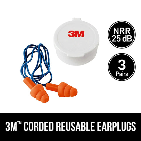 Corded Reusable Earplugs With Tri Flange Design For Secure Fit And 25 Decibels NRR, Orange, shown with blue cord and storage case.