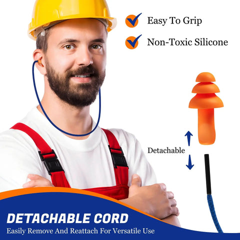Construction worker wearing corded ear plugs with detachable cord visual reference, 10 Pair Corded Reusable Ear Plugs For Shooting Range And Gun Range Hearing Protection, Ideal For Hunting, Construction And Loud Activities, NRR 25dB SNR 28dB, Individually Wrapped For Freshness And Easy Storage.