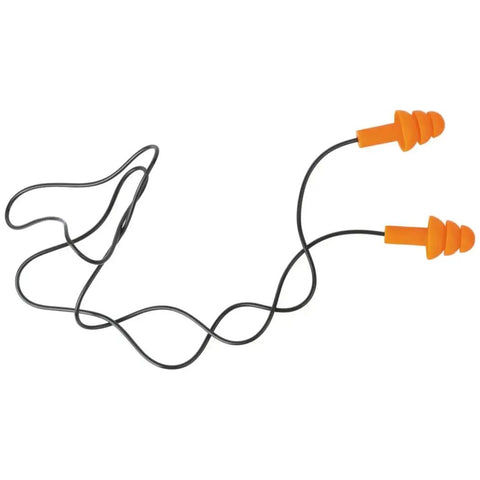 Corded Reusable Earplugs With 25dB NRR In Bright Orange Case For Construction And Loud Environments; shows flexible orange tips on black cord