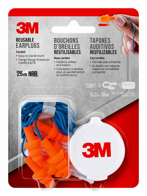 3-pack corded reusable earplugs with tri flange design for secure fit and 25 decibels NRR, orange, in packaging