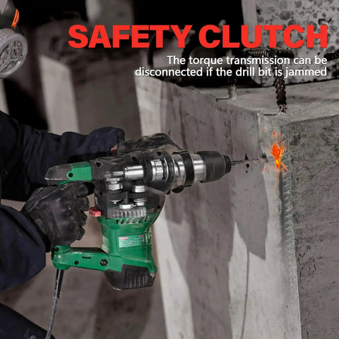 Powerful corded SDS Plus rotary hammer drilling into concrete, showing safety clutch feature in action, 12.5 Amp motor