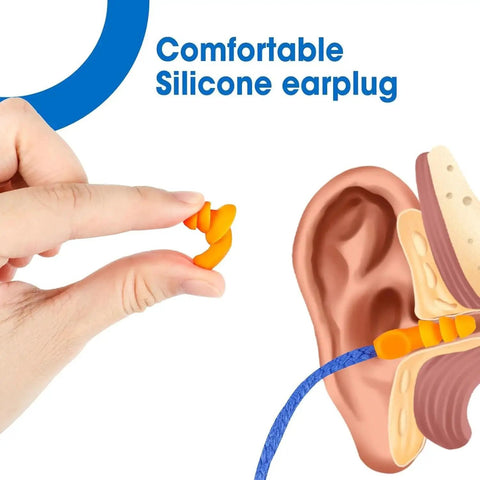 Silicone Ear Plugs 55 Pairs With Corded Design For Reusable Noise Reduction, illustration of use in ear and hand holding plug.