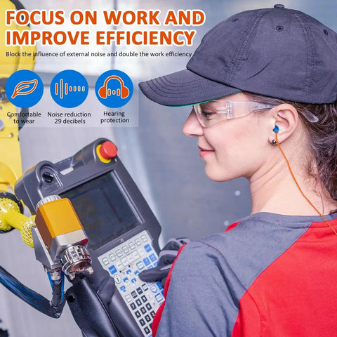 Worker wearing 200 Pairs Corded Silicone Earplugs With Orange Cord Individually Wrapped Reusable Ear Protection for noise reduction