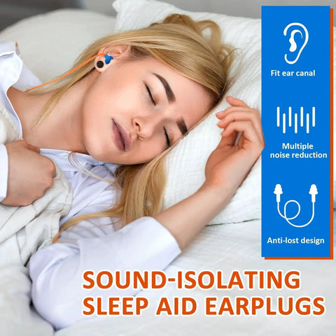 Woman sleeping wearing 200 Pairs Corded Silicone Earplugs With Orange Cord Individually Wrapped Reusable Ear Protection For Sleep Noise Reduction Snoring Shooting Studying Construction Home Travel And Office Use Blue