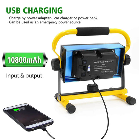 Rechargeable 100W LED Work Light with Beast Mode Brightness and 7000LM Output, cordless flood light with USB charging