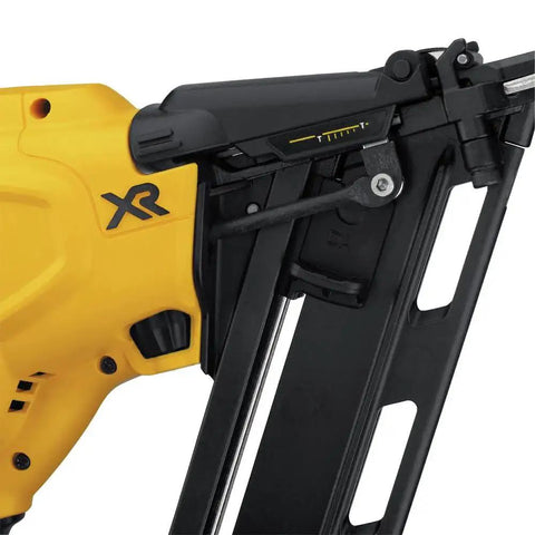 Close-up of Cordless 15 Gauge Angled Finish Nailer 20V Max XR Renewed for trim molding baseboards crown casing and cabinetry