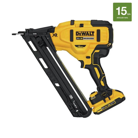 Cordless 15 Gauge Angled Finish Nailer 20V Max XR Renewed For Trim Molding Baseboards Crown Casing And Cabinetry Installation With Brushless Motor Long Lasting Battery And Dual Range Depth Control For Precise Fewer Nicks And Quick Clean Finish Work