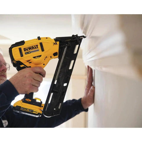 Cordless 15 Gauge Angled Finish Nailer 20V Max XR Renewed For Trim Molding Baseboards Crown Casing And Cabinetry Installation With Brushless Motor Long Lasting Battery And Dual Range Depth Control For Precise Fewer Nicks And Quick Clean Finish Work, shown installing trim molding