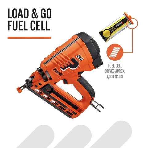 Cordless 16 Gauge Angled Finish Nailer With Battery Power And No Compressor Needed Model 902400, orange tool with fuel cell.