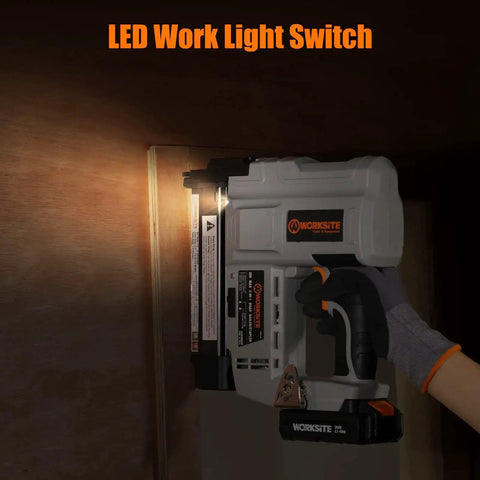 Cordless 18 gauge brad nailer with 2.0Ah battery delivers precise drive, featured with LED light illuminating a wood surface.