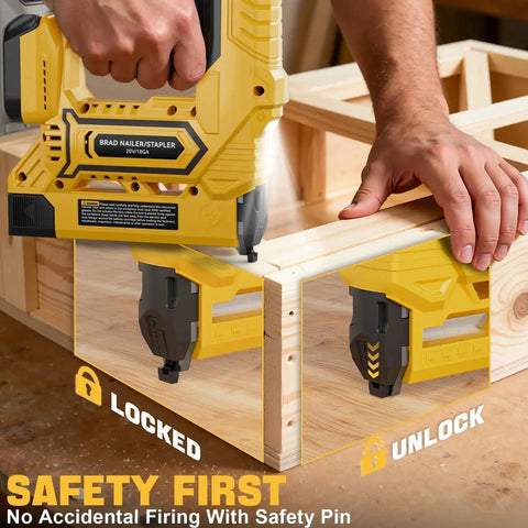 Cordless 18GA Brad Nailer 2-in-1 with DeWalt 20V battery compatibility delivers precise finish in tight spaces for trim, cabinetry and upholstery; drives 5/8 to 1-1/4 inch brads with two modes for sequential or bump fire tool only; shown used on wood frame with safety pin highlighted.