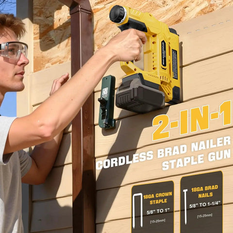 Person using Cordless 18GA Brad Nailer 2-in-1 with DeWalt 20V battery compatibility on wooden wall outdoors.