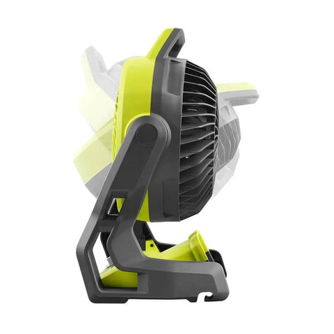 Side view of Cordless Hybrid 18V 7.5 Inch Whisper Series Fan Tool Only Green Ryobi PCL811B, portable with adjustable tilt.