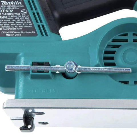 Close-up of Cordless 18V LXT Brushless 3-1/4 Inch Planer with AWS for Dust Extraction showing adjustment knob and blade area.