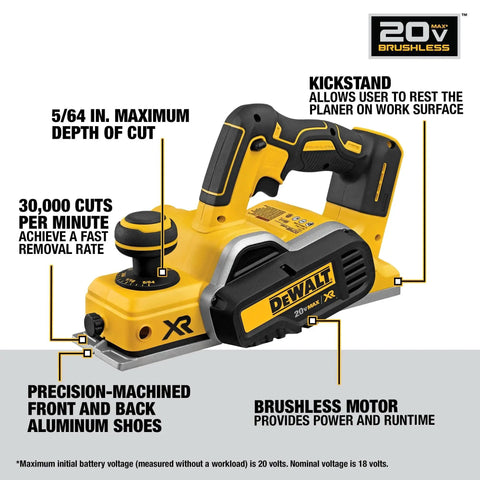 Cordless 20V Max Planer Bare Tool Only with 30,000 CPM, 2 mm cut depth, brushless motor, shown with precision-machined shoes.