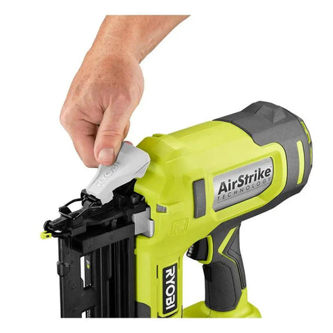 Cordless 16 Gauge AirStrike Finish Nailer For One Plus 18V System Tool Only No Compressor in use, close-up view