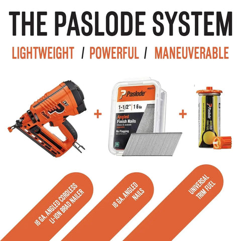 Cordless 16 Gauge Angled Finish Nailer With Battery Power And No Compressor Needed Model 902400 for trim work with accessories.