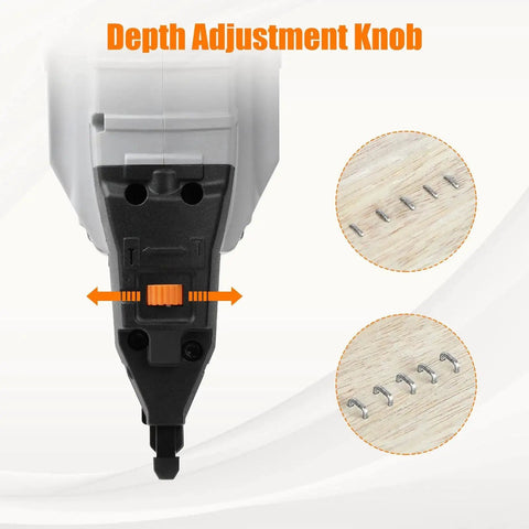 Close-up of cordless 18 gauge brad nailer with 2.0Ah battery featuring depth adjustment knob for woodworking, upholstery.
