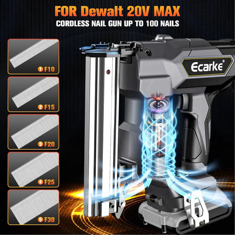 Dewalt 18GA Cordless Brad Nailer with 1000 nails shown in graphic illustration for 20V MAX battery compatibility and cordless use.