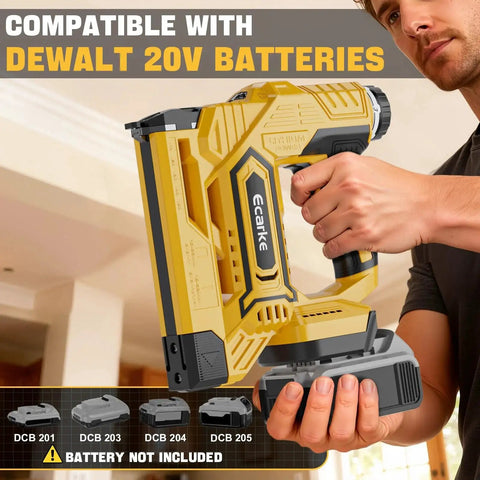 Cordless 18GA Brad Nailer 2-in-1 with DeWalt 20V battery compatibility held by person, no battery included