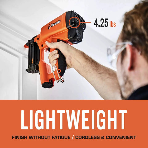 Man using Cordless 18 Gauge Brad Nailer For Finish Carpentry Lightweight 4.25 Lb Battery And Fuel Cell Powered No Compressor Needed Ideal For Trim Work Casing And Light Moulding In Tight Spaces With Precise Nail Placement And Consistent Finishing on white trim.