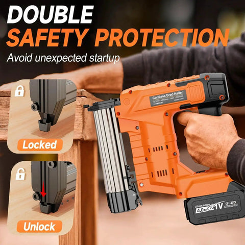 Cordless 18 Gauge Brad Nailer and Stapler in a 2 in 1 kit with two 4.0Ah batteries, fast charger, 800 nails and staples shown in use