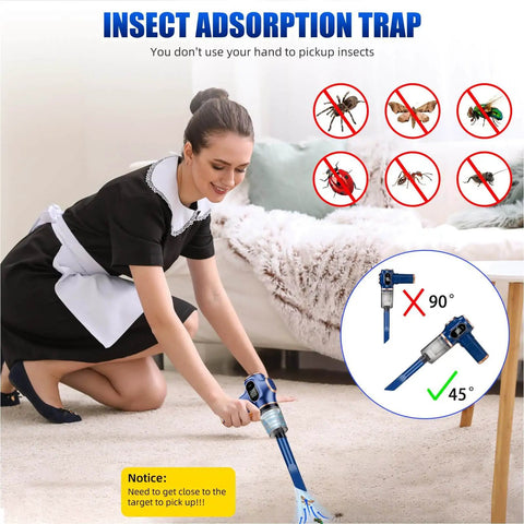 Woman using Cordless Bug Vacuum Catcher With USB Rechargeable Power for home use, demonstrating insect suction near sofa.