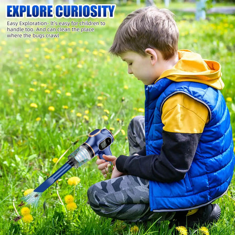 Child using Cordless Bug Vacuum Catcher With USB Rechargeable Power For Home Office And Car Use to collect insects in a grassy field