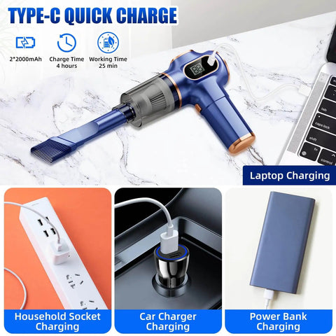 Cordless Bug Vacuum Catcher With USB Rechargeable Power showing different charging options like laptop, car, and power bank.