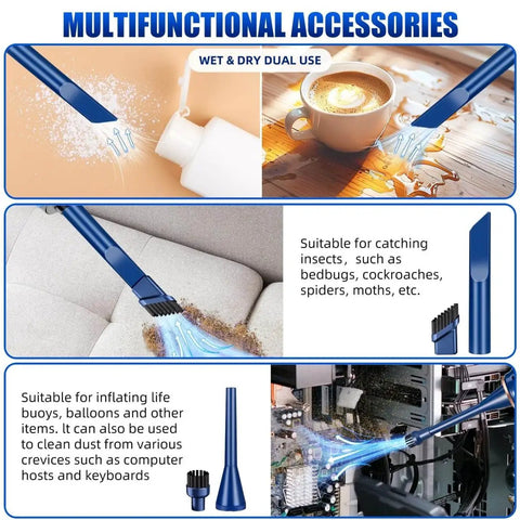 Image showing multifunctional accessories of a cordless bug vacuum catcher with USB rechargeable power for home, office, and car use.