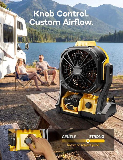 Cordless Jobsite Camping Fan Compatible With DeWalt 20V Max Battery LED Lights Adjustable Speed 1300 To 2200 RPM