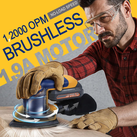 Man using Cordless Detail Sander DeWalt 20V Max Battery Compatible Brushless 12000 OPM on wooden surface, wearing safety gear.