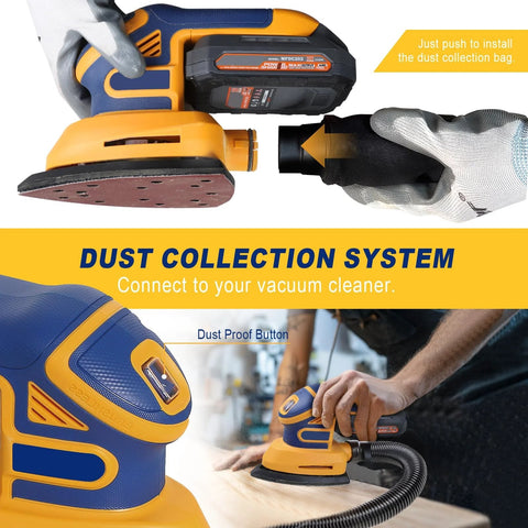 Cordless Detail Sander DeWalt 20V Max Battery Compatible Brushless 12000 OPM with dust collection system in use