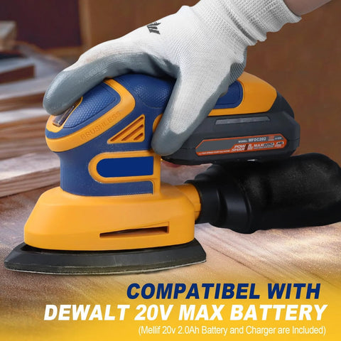 Person using Cordless Detail Sander DeWalt 20V Max Battery Compatible Brushless 12000 OPM on a wooden surface