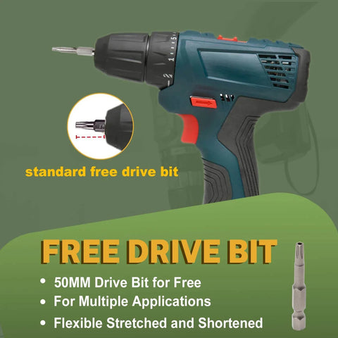 Cordless power drill with a standard free drive bit, highlighting a 50mm drive bit for multiple applications and flexibility.