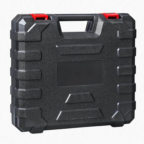 Black carrying case for Cordless Drill Set With 132 Piece Home Tool Kit LED Light, showing textured surface and red latches
