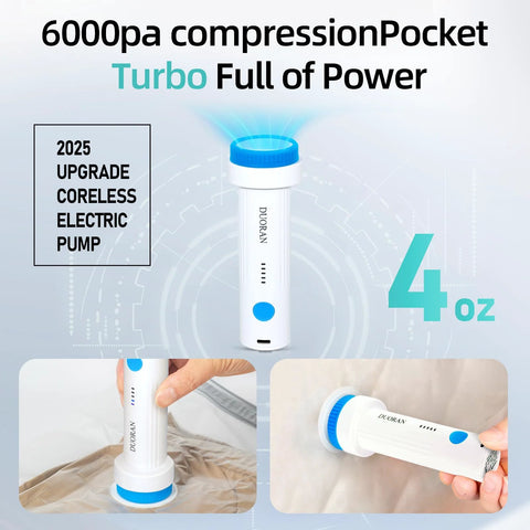 Front view of DUORAN cordless electric hand vacuum pump in white with blue accents; 4 oz capacity for vacuum storage bags