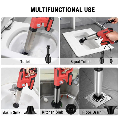 Multifunctional electric toilet plunger in use, unclogging toilet, squat toilet, kitchen sink, and floor drain; red design with storage box.