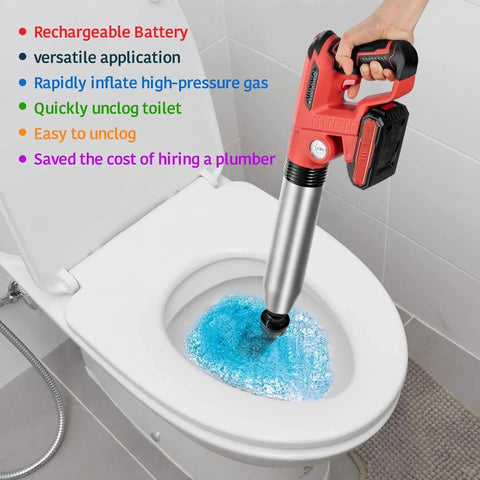 Cordless red electric toilet plunger clearing a toilet, showcasing high-pressure design for fast fix. Battery included. Bathroom smart tool.