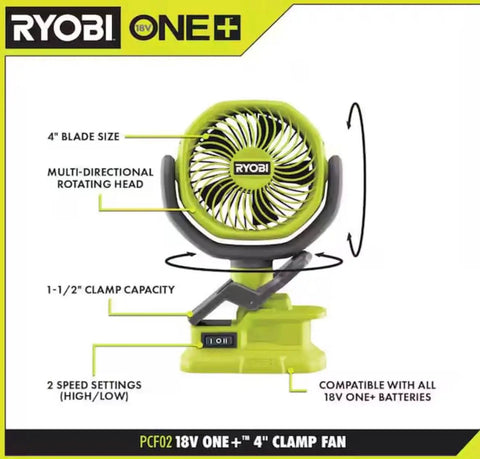 Cordless 18V One Plus 4 Inch Clamp Fan With Multi Directional Rotating Head For Precise Airflow Control In Workshops And On Job Sites Tool Only Battery And Charger Sold Separately Ryobi