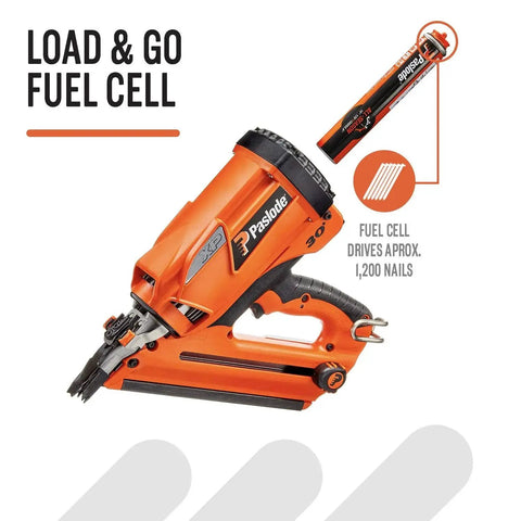 Effortlessly speed up framing with a cordless XP Framing Nailer powered by battery and fuel cell, showing nailer and fuel cell.
