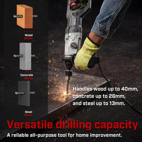 800W SDS Plus Rotary Hammer Drill With Demolition Chisels And Drill Bits Set In Case Corded Variable Speed 600 RPM 15J Impact Energy in use on concrete showing versatile drilling capacity for wood, concrete, and steel.