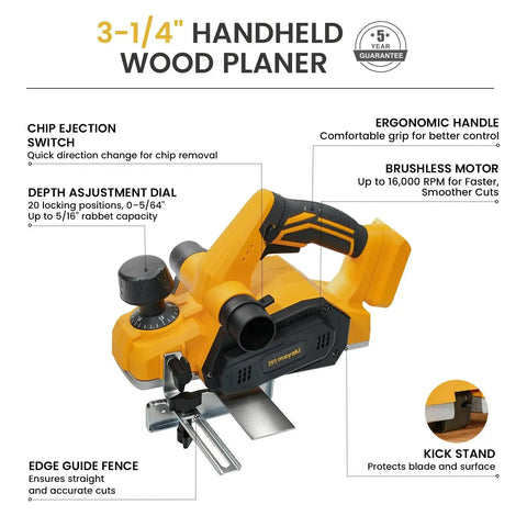 Cordless 3-1/4 inch hand planer compatible with Dewalt 20V MAX batteries featuring brushless motor, adjustable depth, dual dust collection