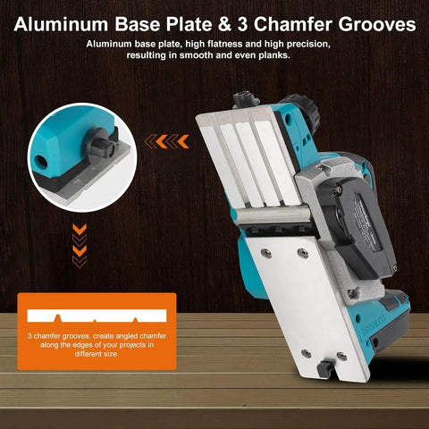 Cordless 3-1/4 inch hand planer with brushless motor and tool-only design showing aluminum base and chamfer grooves