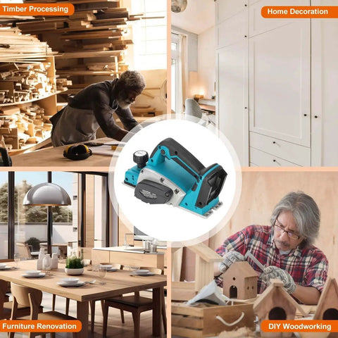 Collage of cordless 3-1/4 inch hand planer in use for timber processing, home decoration, furniture renovation, DIY woodworking.